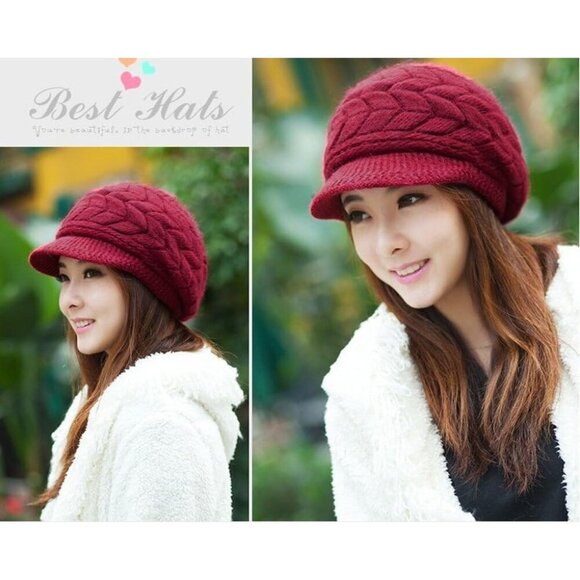 〽️Women’s Wine Winter Warm Knit Wool Snow Ski Hat with Visor main image 7